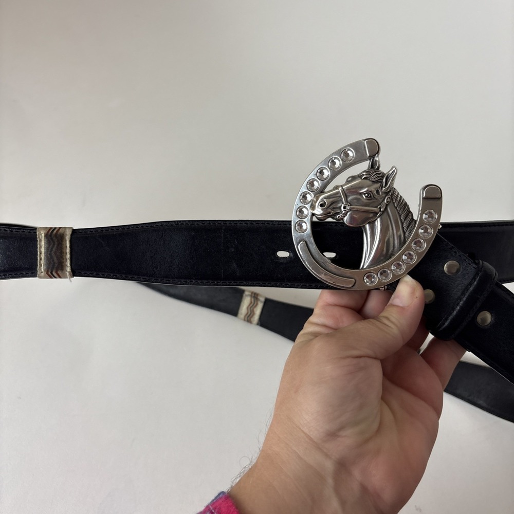 Nocona Western Leather Conchos Black w Silver Horse Buckle Belt Sz 44 - Picture 8 of 11
